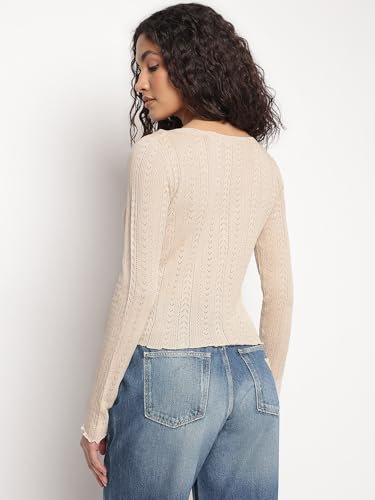 GUESS Beige Self Design V-Neck Amira Shiny Yarn Cardigans