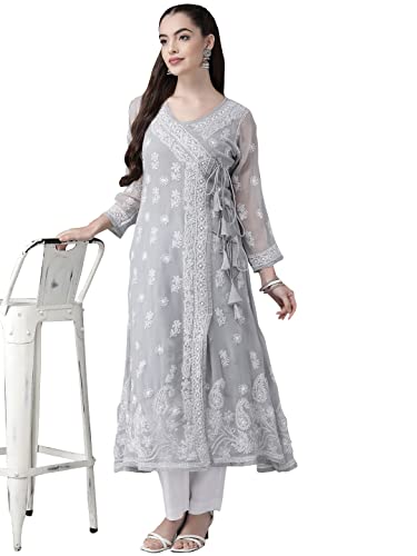 Ada Traditional Chikan Embroidery Angrakha Style Grey Georgette Kurti Kurta with Slip for Women & Girls A411262 (XS)