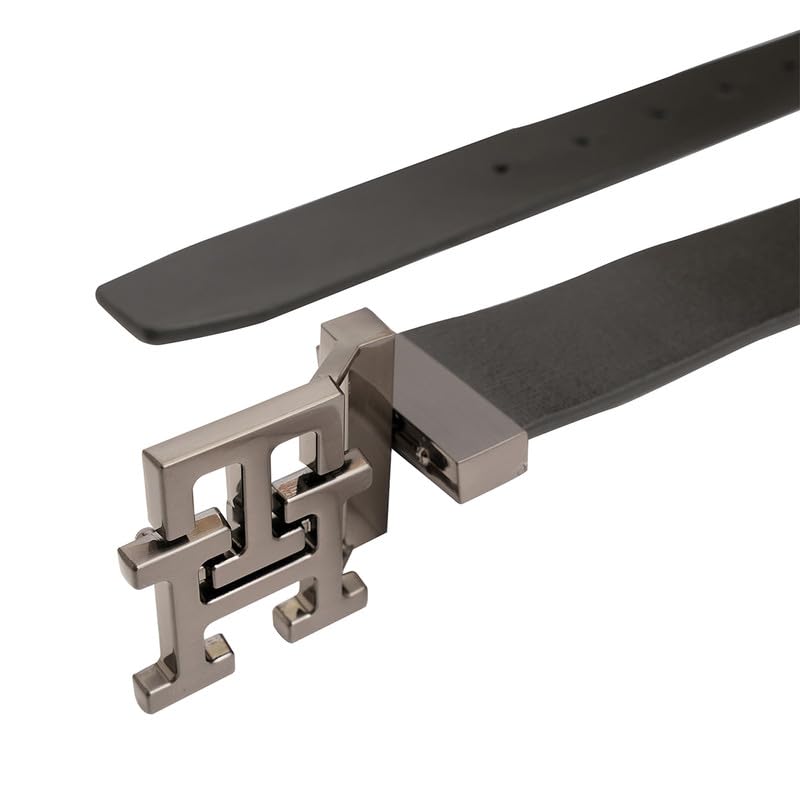 Tommy Hilfiger Men's Phnom Reversible Leather Belt - Textured Black Style With Th Monogram And Brushed Gunmetal Finish - Semi-Formal Versatility | Size L - 100 CM | Ideal for Gifting