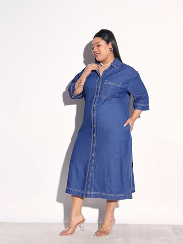 Sassafras Curve Women Navy Blue Tencel Button Down Shirt Midi Dress-3XL