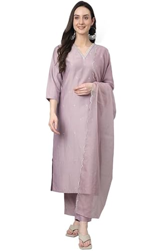 Janasya Women's Lavender Chinon Embellished Kurta with Pant and Dupatta(SET566-KR-NP-XL)
