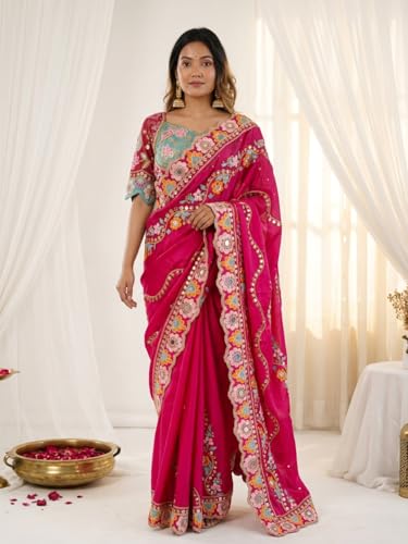 Bhagyavati Designer Soft Rangoli Silk Saree for Women with Mirror & Sequins Embroidery, Cutwork Border & Stitched Blouse (RaniPink)