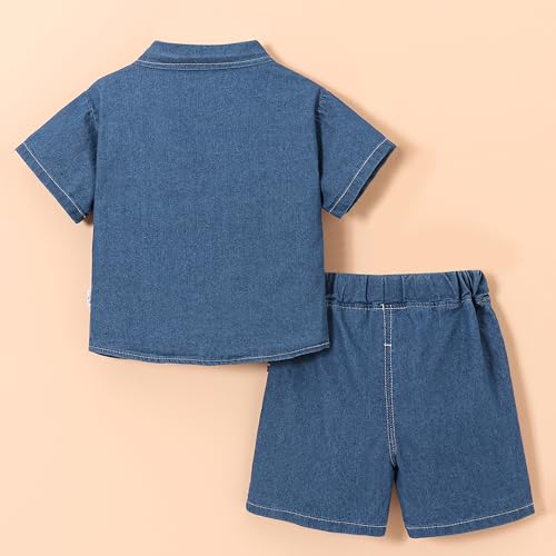 Hopscotch Boys Blue Short Sleeves 2-Pc Bold Text Denim Shorts Set For Ages (2-3 Years)