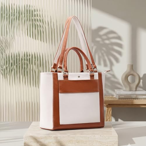 Symbol Premium Women's Tote Hand Bag crafted from Imported PU | Stylish | Office Use - 14" Laptop (SP-SS25-CARL-BAG-03_Cream + Tan_Free Size)