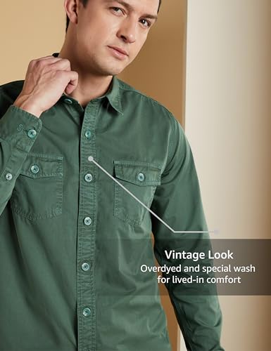 Symbol Premium Men's Casual Washed Cotton Twill Shirt (Regular Fit) (Green_Small)