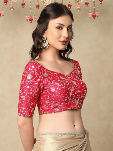S SALWAR STUDIO Pink Silk Embroidered Sweetheart Neck Readymade Saree Blouse