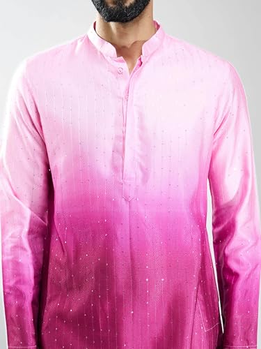 VASTRAMAY Men Falsa Silk Blend Ombre Sequin Kurta | Mid-Length Festive & Wedding Attire with Mandarin Collar