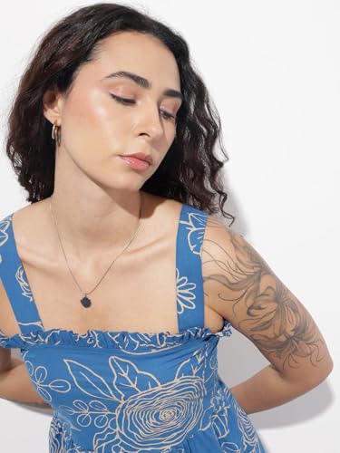 Divena Blue Shoulder Strap Poplin Cotton Mini Dress-DK2315