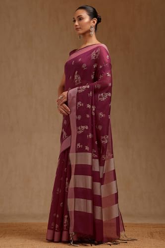 Soch Womens Wine Chanderi Warli Saree With Thread Work