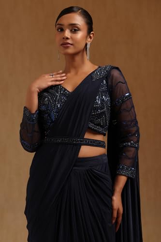 Soch Womens Navy Blue Spandex Solid Ready to Wear Saree