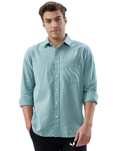 Colorplus Men Regular Fit Solid Pattern Pure Cotton Plain Collar Full Sleeve Casual Shirt Green