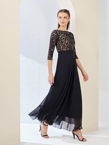 Miss Chase Women'sSelf Design Boat Neck 3/4 Sleeves Side Pocketed Georgette Fit and Flare Maxi Length Dress (MCAW25D85-90-62-06, Black, XL)