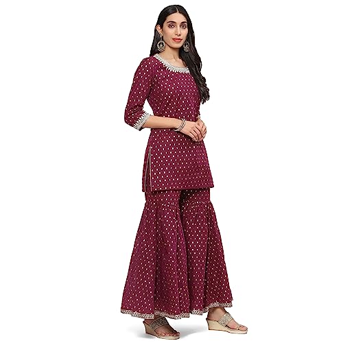 BIBA WOMEN YARNDYED RELAXED SALWAR KURTA DUPATTA(SKDBANARAS8142_WINE_32)