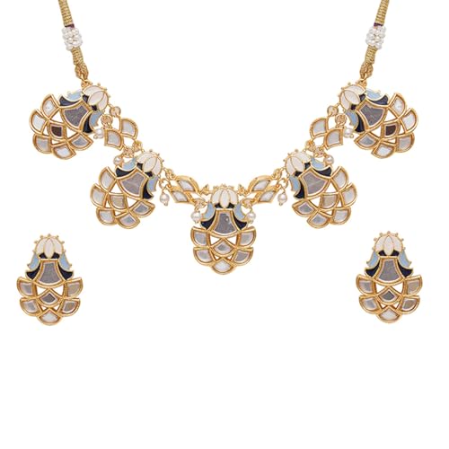 VOYLLA Festive Hues Mirror Work Enamelled Brass Gold Plated Choker Jewellery Set