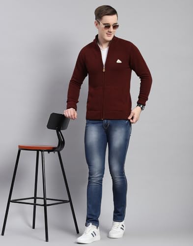 Monte Carlo Mens Maroon Solid Stand Collar Full Sleeve Wool Blend Casual Sweater | Warm Woolen Pullover for Men | Soft Comfortable Knitted Winter Wear Sweater for Men's