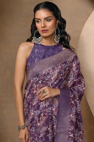 Soch Womens Purple Chanderi Floral Print Saree