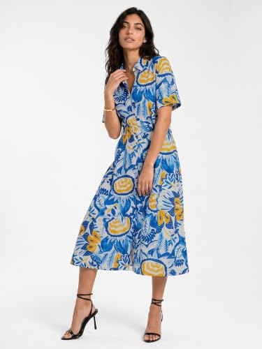 Max Women Printed Midi Dress with Belt (Blue_XS)