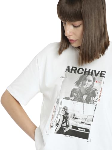 VERO MODA Women Graphic Print Cotton Drop Shoulder White T-Shirt