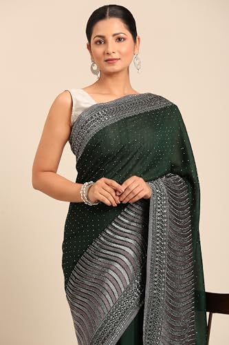 MOHEY Women's Art Silk Wave Patterned Rhinestone Embellished Saree (Bottle Green)