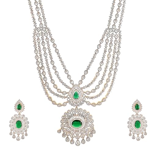 VOYLLA Glorious Green American Diamond Necklace Set|Necklace Set For Women|Women Necklace Set |Gold Necklace Set For Women|American Diamond|Festival|Diwali|Party|Wedding|Gift For Women|