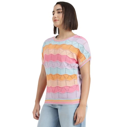United Colors of Benetton Round Neck Self Design Sweater (Size : S) - 26P1JELCB088I901 Multicolour