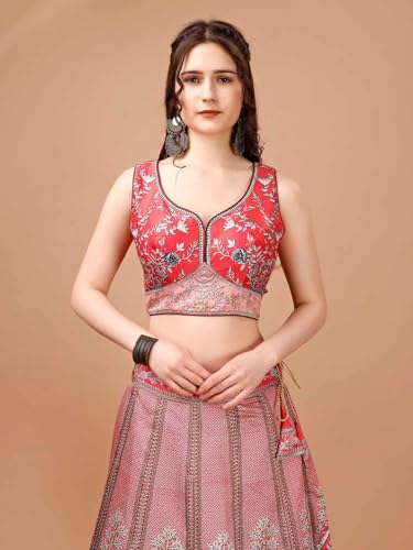 SAPTRANGI Women's Printed Ready to Wear Lehenga & Blouse with Dupatta (Pink & Grey, XS)