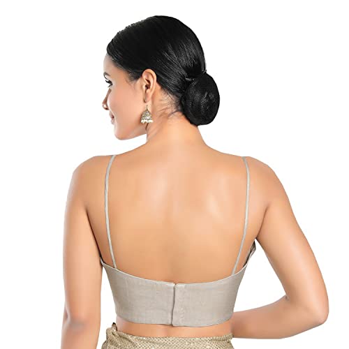SALWAR STUDIO S Women's Silver Tissue Readymade Saree Blouse-SSB4308-SLVR