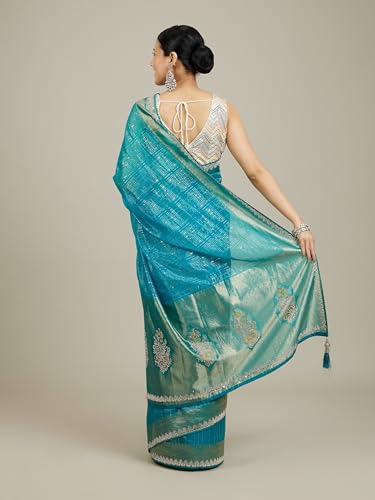 MOHEY Women's Art Silk Mirror Work Zari Saree(Teal Blue)