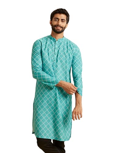 Manyavar Men's Blended Cotton Digital Print Kurta (Turquoise Blue,XL)