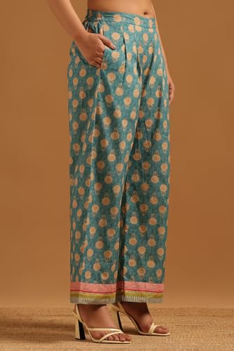 Soch Womens Turquoise Blue Chanderi Botanical Printed Co-Ords Set With Beads