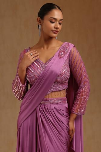 Soch Womens Onion Pink Spandex Solid Ready To Wear Saree