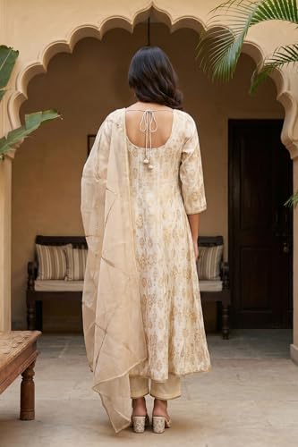 W for Woman Off White Zari Work Jacquard Anarkali Kurta with Straight Pant and Dupatta Set - (WS13229-314322-3XL)
