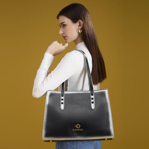 Caprese Dee Large Laptop Compatible Tote Bag for Women with Multi Compartments | Stylish Shoulder Bag with Premium Metal Letter Logo | Perfect for Daily Use Work, Office & Professionals (Black)