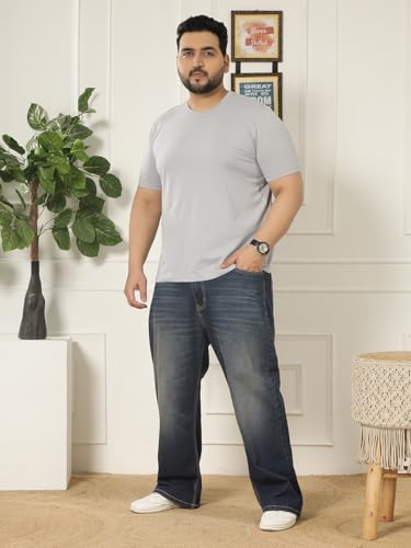 JOHN PRIDE Plus Size Men Regular Fit Solid Short Sleeves Grey Round Neck T-Shirt (JPTSR3501W_6XL_Grey)
