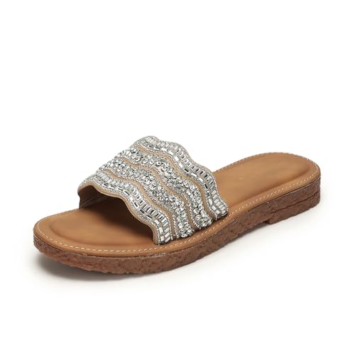 Marc Loire Women Embellished Ethnic Flats | Slip-On Open Toe Chappals | Indian Fashion Sandals with Comfortable Sole (Beige, UK Footwear Size System, Adult, Women, Numeric, Medium, 6)