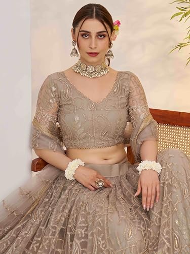 Zeel Clothing Women's Cotton Thread Sequins Work Embroidery Soft Net Lehenga Choli With Dupatta (NFH-2150-Matellic-Grey-Lehenga-Choli; Free size) (Matellic Grey)