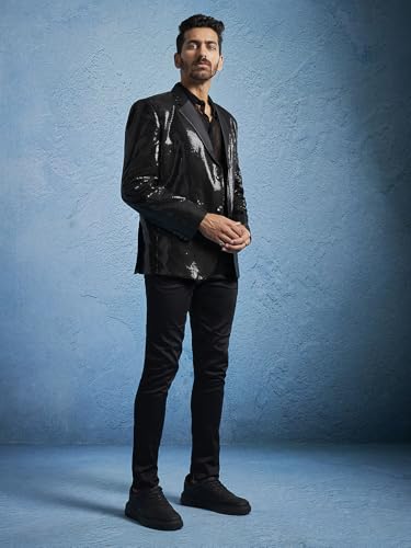 VASTRAMAY Men's Black Viscose Blazer & Pant Set - Allover Sequined Blazer Versatile to Be Adorned Over Shirt and Trouser