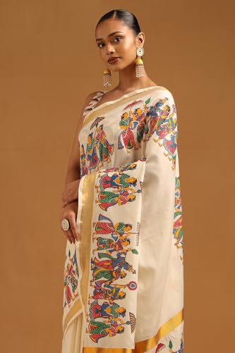 Soch Womens Cream Cotton Madhubani Printed Kasavu Saree