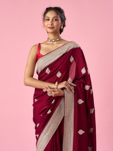 MOHEY Women's Wine Silk Saree with Stone Work with Blouse Piece (Wine)