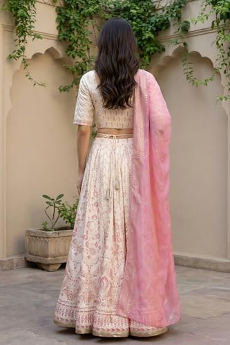 Aurelia Women's Cream Foil Printed Ethnic Motifs Blouse with Lehenga and Dupatta Set - (AS16425-510452-S)