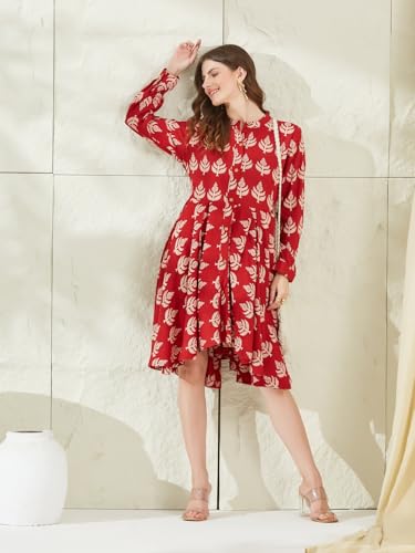 Divena Red Rayon Boat Neck Knee Length Dress