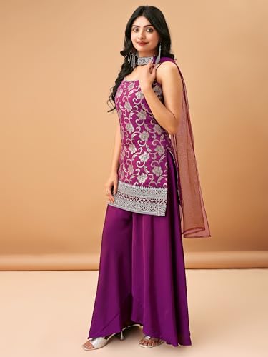 MAVIXA Women's Embroidered Kurta and Sharara with Dupatta | Wedding Suit | Kurta Set | (IN, Alpha, XS, Regular, Purple)