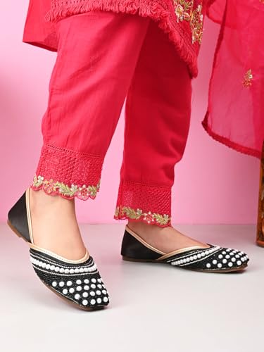 XE Looks Women’s Pearl Embellished Ethnic Juttis with Beaded Detailing | Soft Cushioned Insole | Lightweight Slip-On Traditional Flats for Girls & Women Black