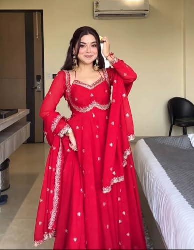 SAMUYA Elegant Red Anarkali Dress with Silver Embroidery, Traditional Indian Wedding Gown, Floor Length Ethnic Wear with Dupatta (in, Alpha, 2XL, Regular)