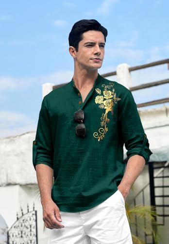 Zombom Men's Cotton Polyester Blend Mandarin Collar Self One Design Printed Full Sleeve Casual Short Kurta Shirt Green