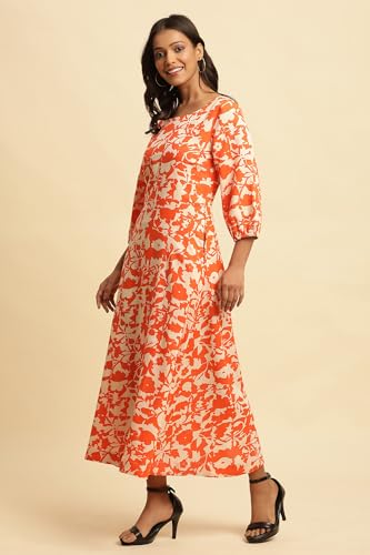 W for Women Abstract Print Rayon A-Line Dress_24FEW10723-810645_M Orange