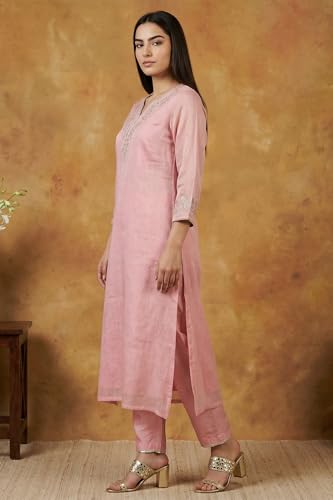 W for Woman Pink Floral Tissue Straight Kurta with Straight Pant and Dupatta Set-(WS13241-224192-M)