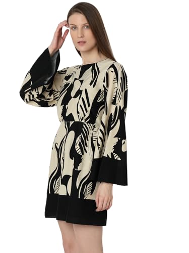 VERO MODA Women Abstract Print Black Cotton Above Knee Length Fit and Flare Dress