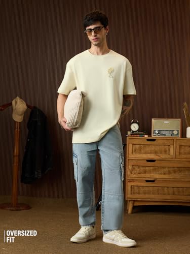 The Souled Store Oversized T-Shirt: Drinking Men and Boys Short Sleeve Round Neck Off White Graphic Printed Funny Slogan Casual Lightweight Drop Shoulder Streetwear Trendy Oversized T-Shirts
