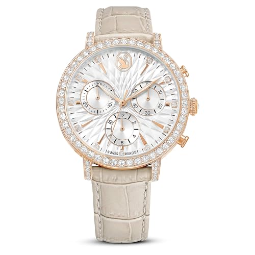 Swarovski Matrix Tennis Chrono Watch, Swiss Made, Leather Strap, Beige, Rose Gold-Tone Finish, Beige, Strap